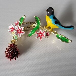 Colorful Enamel Bird With Flower Brooch